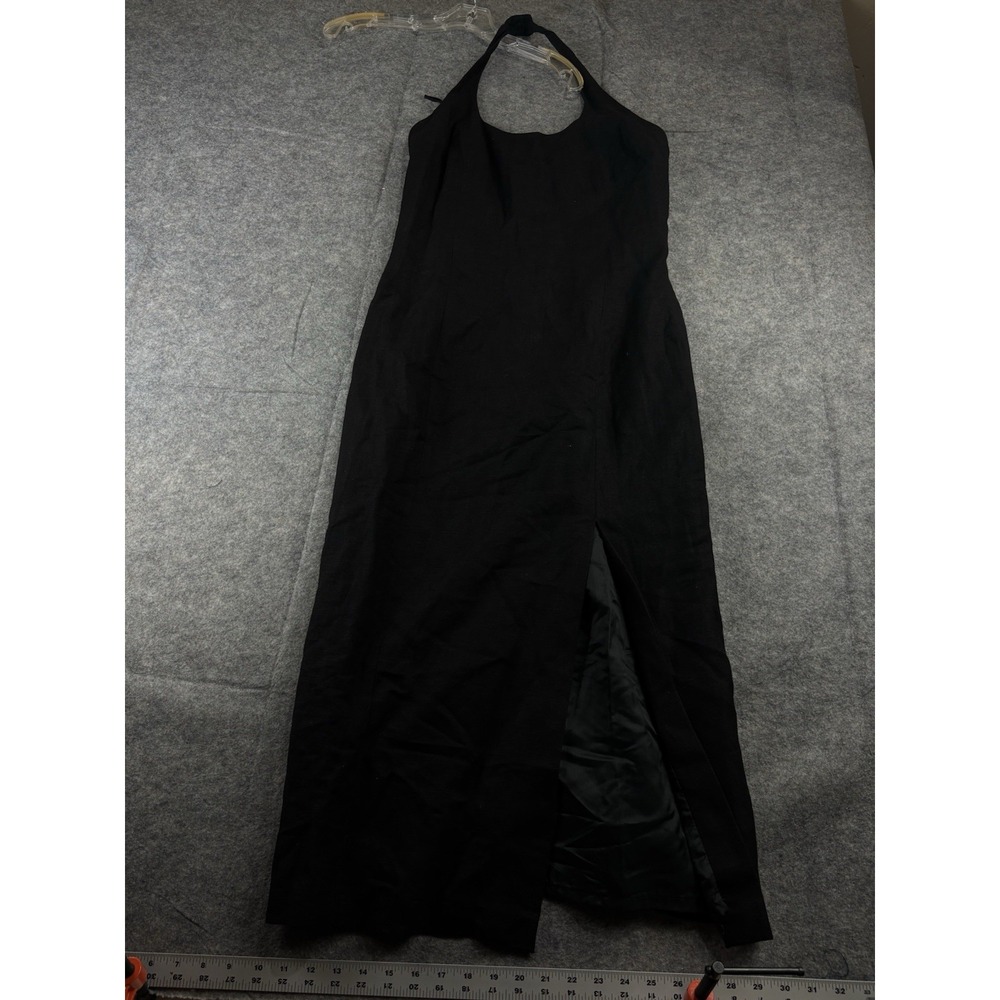 VTG NY Sake Women's 10 Black Halter Linen Blend With Split Dress Minimalist Boho